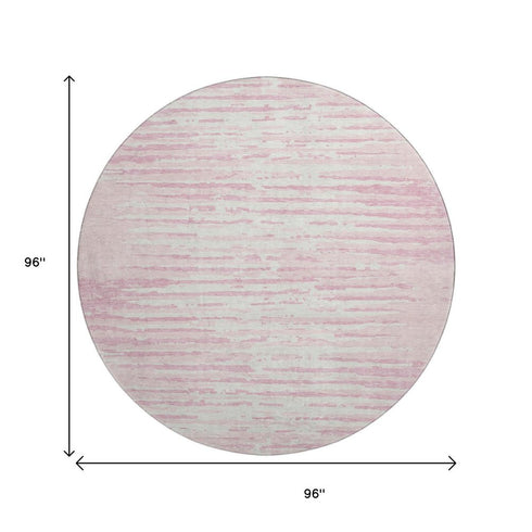 8' Pink And Ivory Striped Washable Round Rug With UV Protection