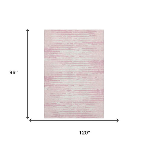 8' X 10' Pink And Ivory Striped Washable Area Rug With UV Protection