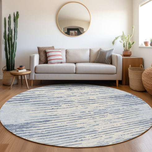 8' Sky Blue And Ivory Striped Washable Round Rug With UV Protection