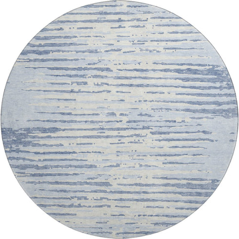 8' Sky Blue And Ivory Striped Washable Round Rug With UV Protection