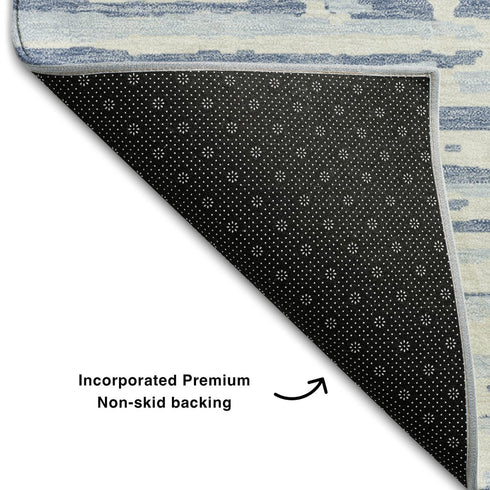 8' Sky Blue And Ivory Striped Washable Round Rug With UV Protection