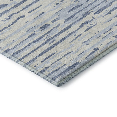 8' Sky Blue And Ivory Striped Washable Round Rug With UV Protection