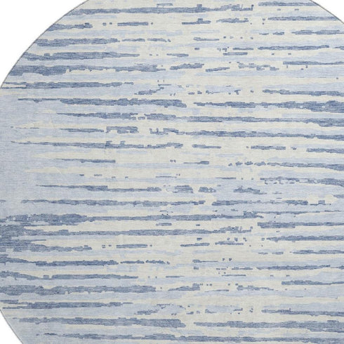 8' Sky Blue And Ivory Striped Washable Round Rug With UV Protection