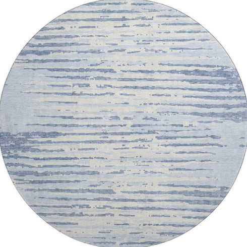 8' Sky Blue And Ivory Striped Washable Round Rug With UV Protection