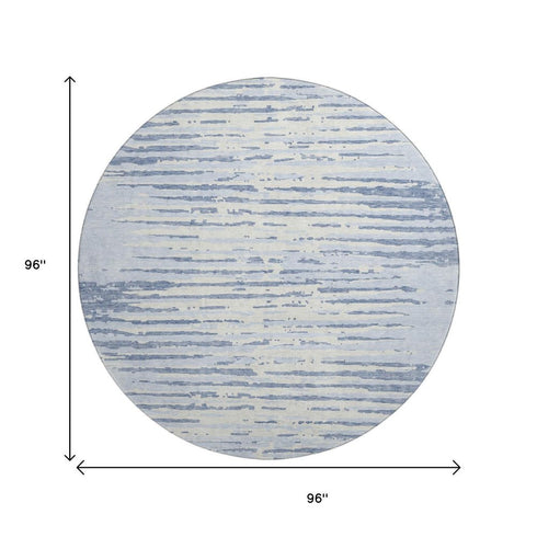 8' Sky Blue And Ivory Striped Washable Round Rug With UV Protection