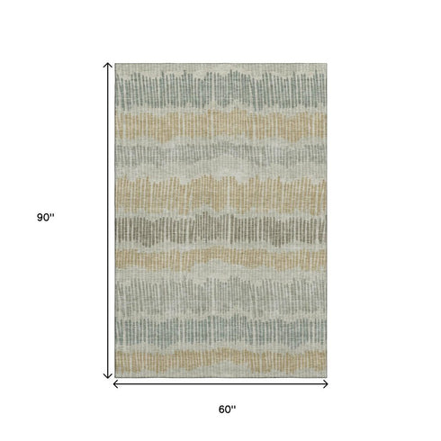 5' X 8' Beige Gold And Gray Striped Washable Area Rug With UV Protection