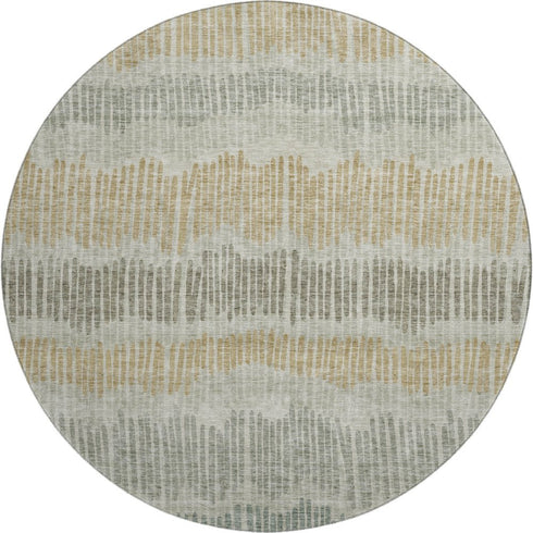 8' Beige Gold And Gray Striped Washable Round Rug With UV Protection