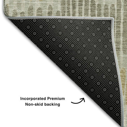8' Beige Gold And Gray Striped Washable Round Rug With UV Protection