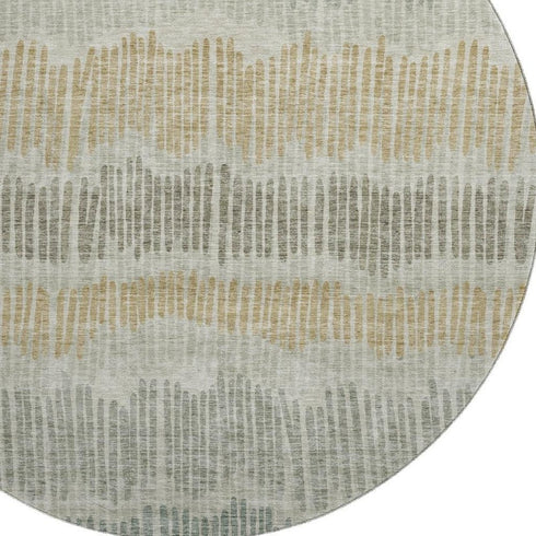 8' Beige Gold And Gray Striped Washable Round Rug With UV Protection