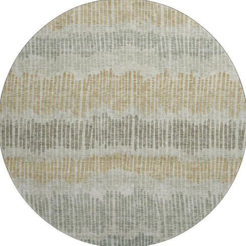 8' Beige Gold And Gray Striped Washable Round Rug With UV Protection