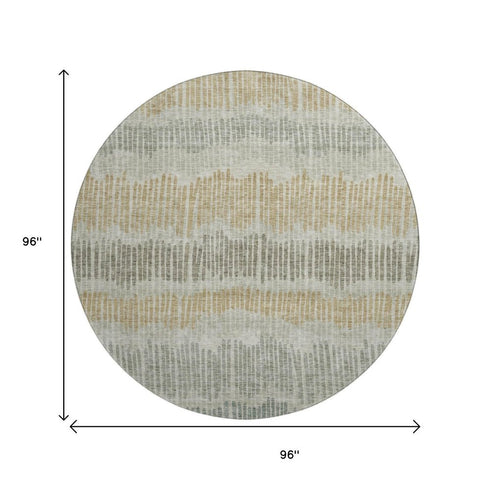 8' Beige Gold And Gray Striped Washable Round Rug With UV Protection