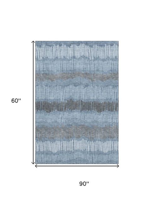 5' X 8' Blue Ivory And Gray Striped Washable Area Rug With UV Protection