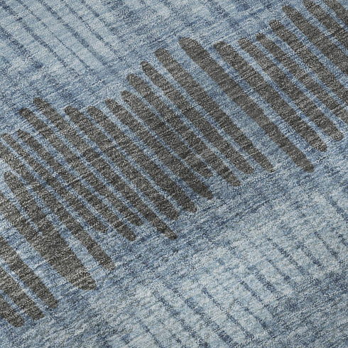 5' X 8' Blue Ivory And Gray Striped Washable Area Rug With UV Protection