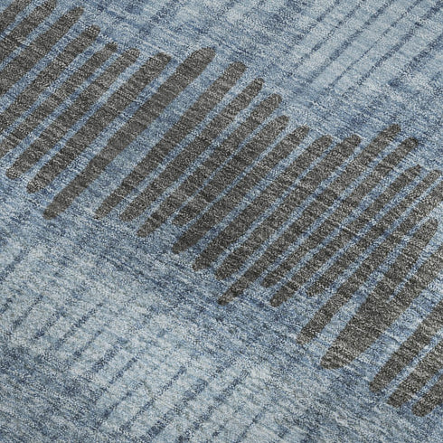5' X 8' Blue Ivory And Gray Striped Washable Area Rug With UV Protection