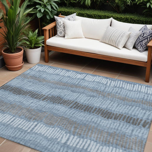 8' X 10' Blue Ivory And Gray Striped Washable Area Rug With UV Protection
