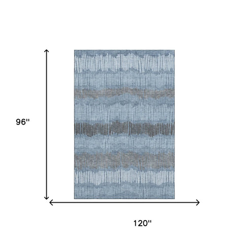 8' X 10' Blue Ivory And Gray Striped Washable Area Rug With UV Protection