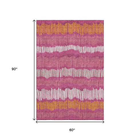 5' X 8' Blush Orange And Ivory Striped Washable Area Rug With UV Protection