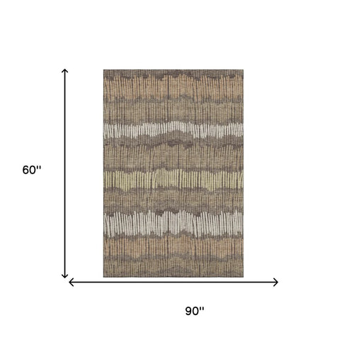 5' X 8' Brown Cream And Ivory Striped Washable Area Rug With UV Protection