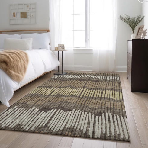 9' X 12' Brown Cream And Ivory Striped Washable Area Rug With UV Protection