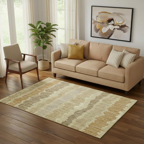 5' X 8' Gold Beige And Rust Striped Washable Area Rug With UV Protection