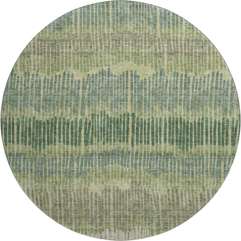 8' Green Ivory And Taupe Striped Washable Round Rug With UV Protection