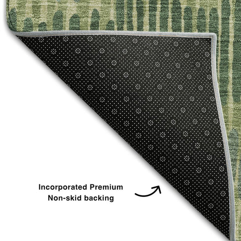 8' Green Ivory And Taupe Striped Washable Round Rug With UV Protection