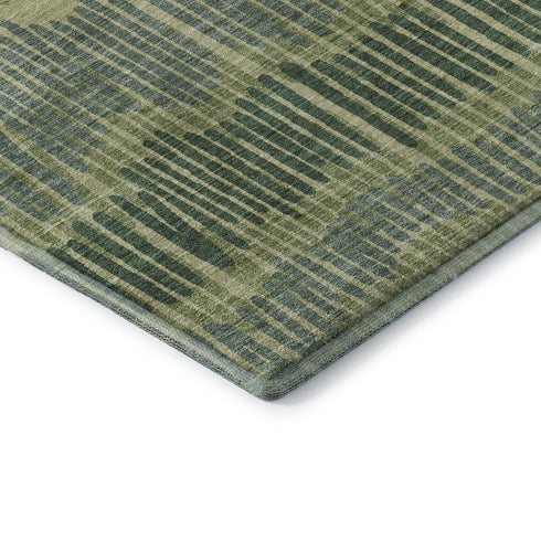 8' Green Ivory And Taupe Striped Washable Round Rug With UV Protection