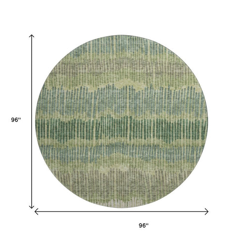 8' Green Ivory And Taupe Striped Washable Round Rug With UV Protection