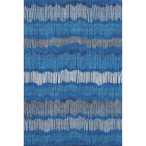 5' X 8' Navy Blue Ivory And Gray Striped Washable Area Rug With UV Protection