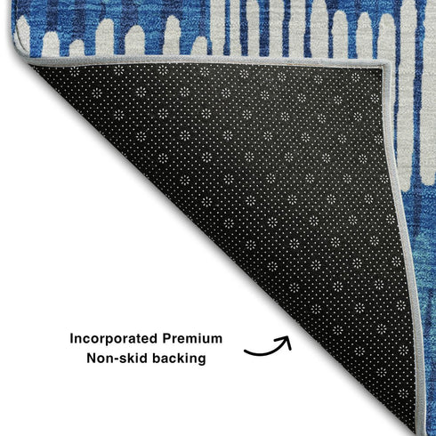 5' X 8' Navy Blue Ivory And Gray Striped Washable Area Rug With UV Protection