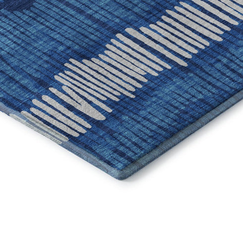 5' X 8' Navy Blue Ivory And Gray Striped Washable Area Rug With UV Protection