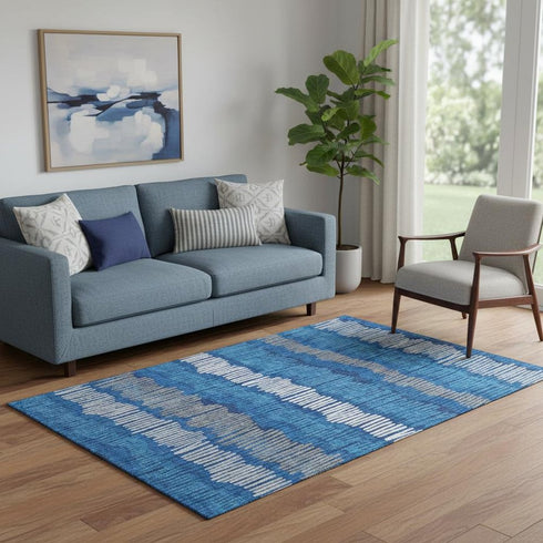5' X 8' Navy Blue Ivory And Gray Striped Washable Area Rug With UV Protection