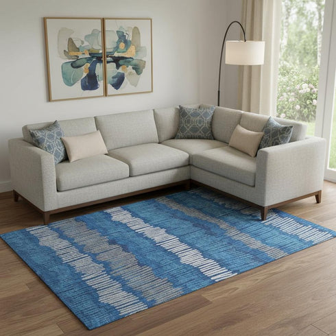 9' X 12' Navy Blue Ivory And Gray Striped Washable Area Rug With UV Protection
