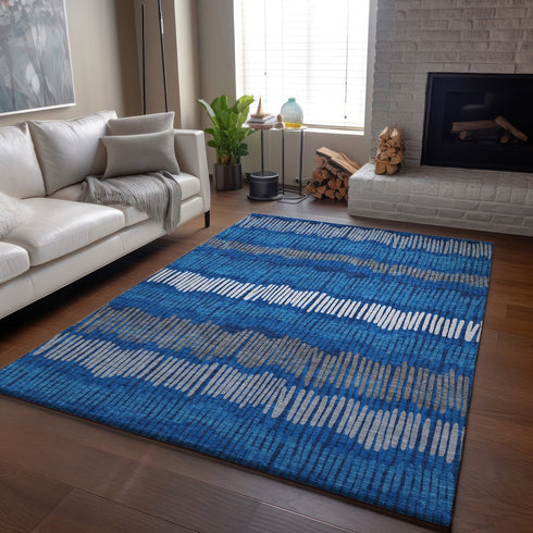 9' X 12' Navy Blue Ivory And Gray Striped Washable Area Rug With UV Protection