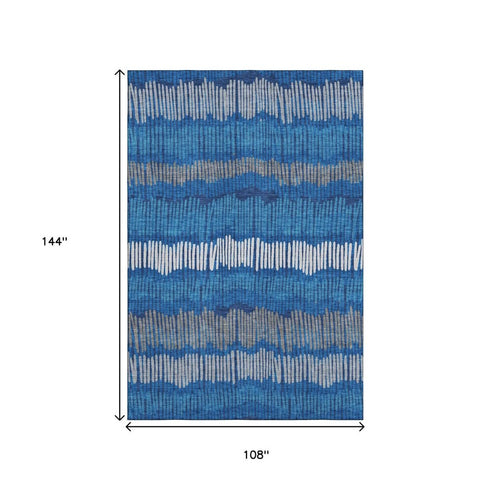 9' X 12' Navy Blue Ivory And Gray Striped Washable Area Rug With UV Protection