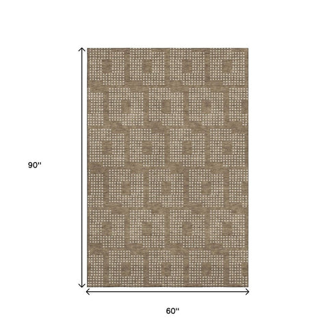 5' X 8' Brown And Ivory Geometric Washable Area Rug With UV Protection