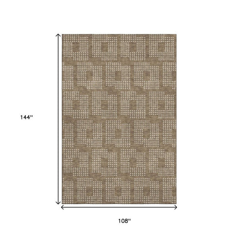 9' X 12' Brown And Ivory Geometric Washable Area Rug With UV Protection