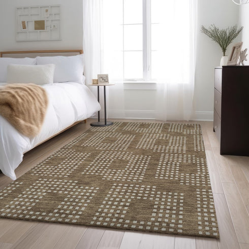 9' X 12' Brown And Ivory Geometric Washable Area Rug With UV Protection