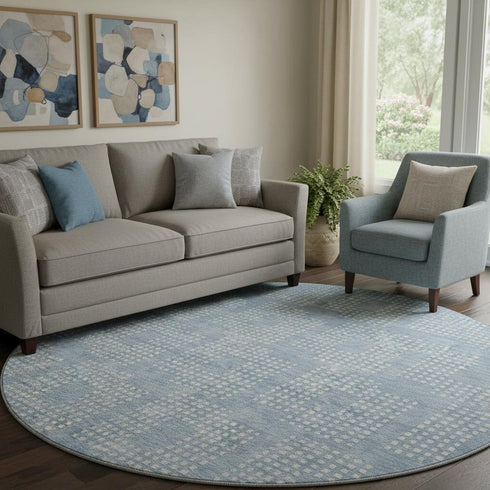 8' Sky Blue And Ivory Geometric Washable Round Rug With UV Protection