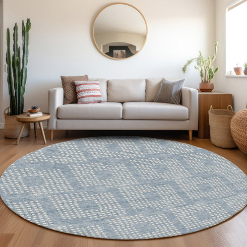 8' Sky Blue And Ivory Geometric Washable Round Rug With UV Protection