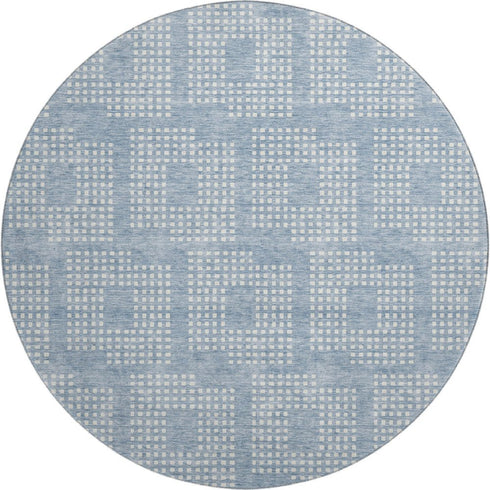 8' Sky Blue And Ivory Geometric Washable Round Rug With UV Protection
