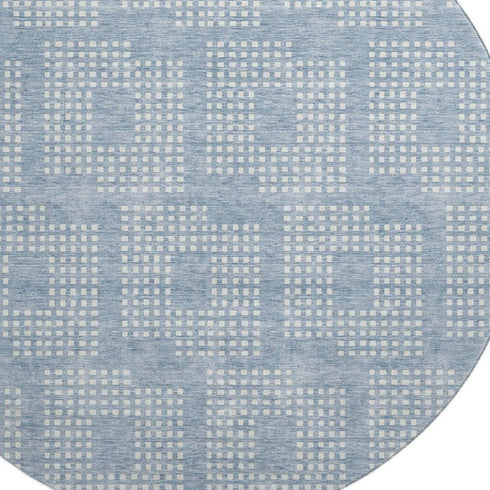 8' Sky Blue And Ivory Geometric Washable Round Rug With UV Protection