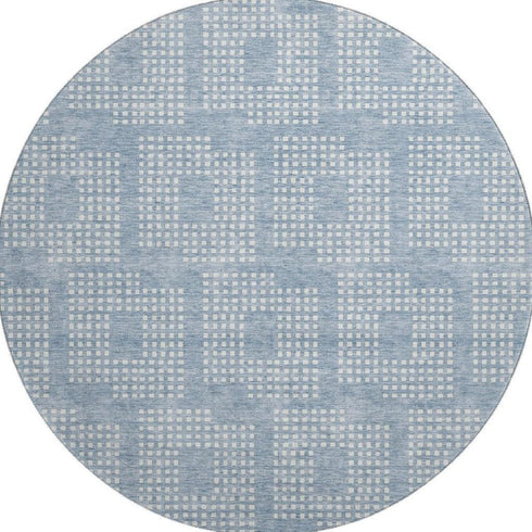 8' Sky Blue And Ivory Geometric Washable Round Rug With UV Protection
