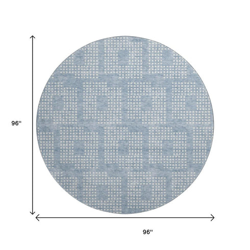 8' Sky Blue And Ivory Geometric Washable Round Rug With UV Protection