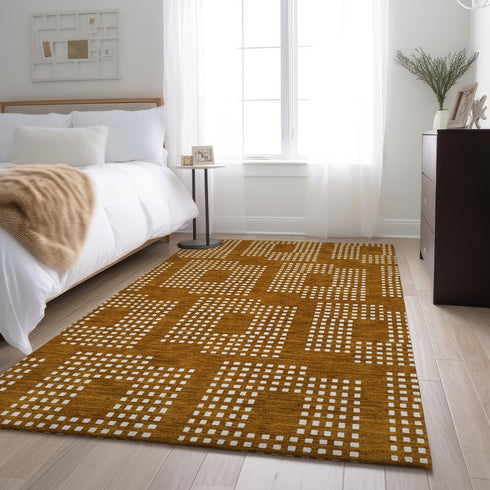 9' X 12' Terra Cotta And Ivory Geometric Washable Area Rug With UV Protection