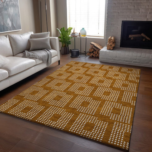 9' X 12' Terra Cotta And Ivory Geometric Washable Area Rug With UV Protection