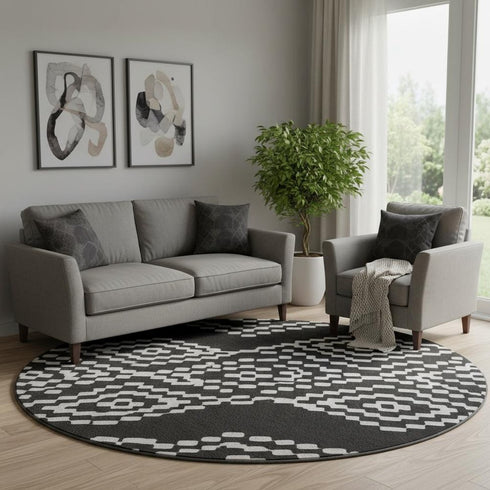 8' Black And Ivory Geometric Washable Round Rug With UV Protection