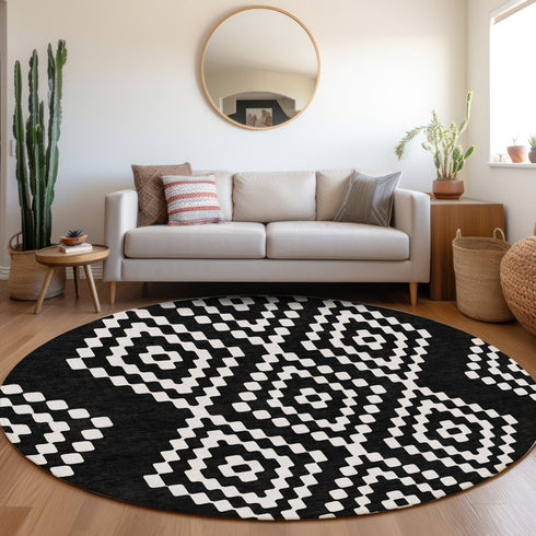 8' Black And Ivory Geometric Washable Round Rug With UV Protection