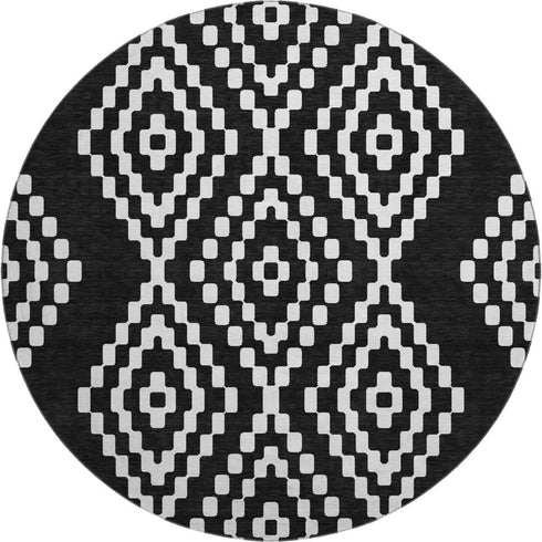 8' Black And Ivory Geometric Washable Round Rug With UV Protection