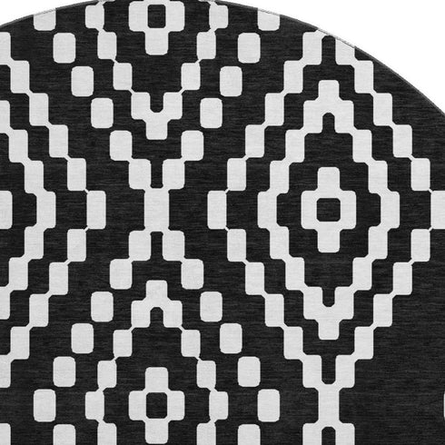 8' Black And Ivory Geometric Washable Round Rug With UV Protection